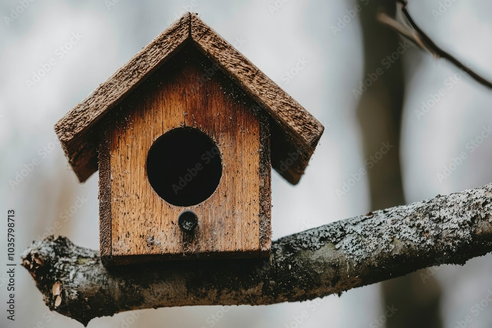 Naklejka premium A Weathered Wooden Birdhouse Perched on a Branch