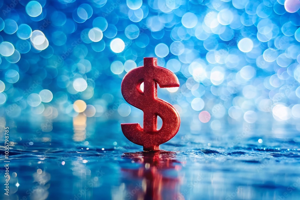 Red Dollar Sign Floating in Blue Water - Bokeh Effect for Financial Themes Red Dollar Sign Floating in Blue Water - Bokeh Effect for Financial Themes