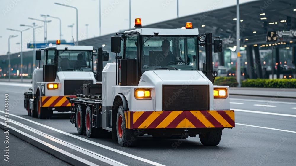 Tow tractor pulling luggage carts at airport apron Tow tractor pulling luggage carts at airport apron