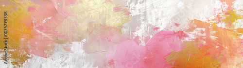 Abstract pink and gold textured paint brush strokes on white canvas. Banner or header design 