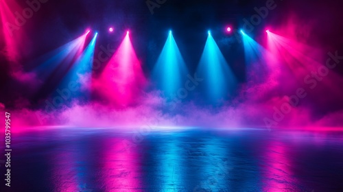 Colorful Stage Lighting with Smoke Effects, Performance Space, Concert or Event Venue, Empty Stage, Generated AI