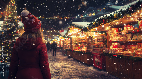 woman in red coat and festive hat enjoys snowy evening at vibrant Christmas market, surrounded by twinkling lights and holiday decorations. atmosphere is joyful and magical