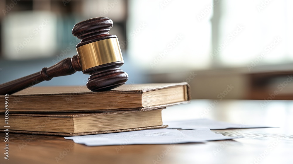 Wooden Judge Gavel Resting on Legal Books, Law and Justice Concept, Courtroom, Legal Proceedings, Generated AI Wooden Judge Gavel Resting on Legal Books, Law and Justice Concept, Courtroom, Legal Proceedings, Generated AI