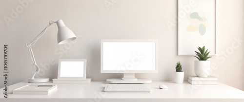 Modern minimalist workspace featuring a computer, lamp, and plants on a white desk with neutral decor