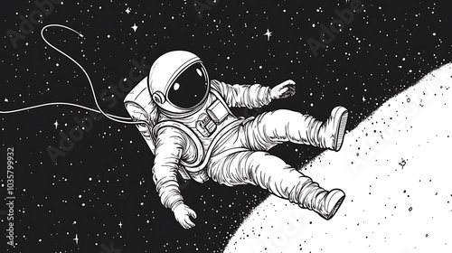 A minimalist cartoon astronaut floating with a tether in space, drawn with simple clean lines for kids' coloring