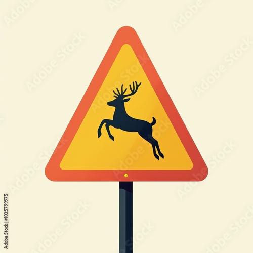 A warning sign indicating a deer crossing, featuring a yellow triangle with a black silhouette of a deer, alerting drivers to be cautious on the road