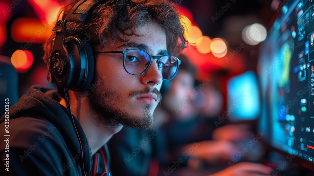 A determined young man, absorbed in gameplay, wears headphones and glasses as he competes in a vibrant esports environment filled with neon lights and fellow gamers. A determined young man, absorbed in gameplay, wears headphones and glasses as he competes in a vibrant esports environment filled with neon lights and fellow gamers.