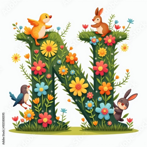 Wallpaper Mural Easter bunny surrounded by colorful eggs in a cheerful spring landscape filled with flowers and baby chicks Torontodigital.ca