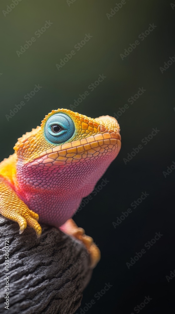 its head sports a blue eye; a tree branch lies near its head sports a blue eye; a tree branch lies near