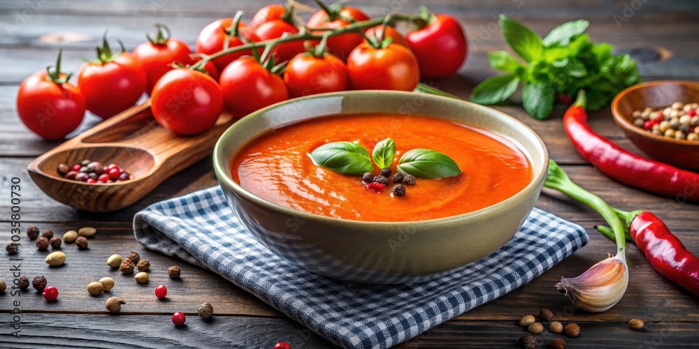 Spicy tomato soup in a bowl with pepper corns , food, soup, spicy, tomato, bowl, pepper, corns, hot, spicy food Spicy tomato soup in a bowl with pepper corns , food, soup, spicy, tomato, bowl, pepper, corns, hot, spicy food