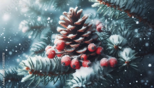 Photorealistic close-up of a snow-dusted pinecone, red berries nestled among frosty pine branches, with soft snow falling in the blurred background