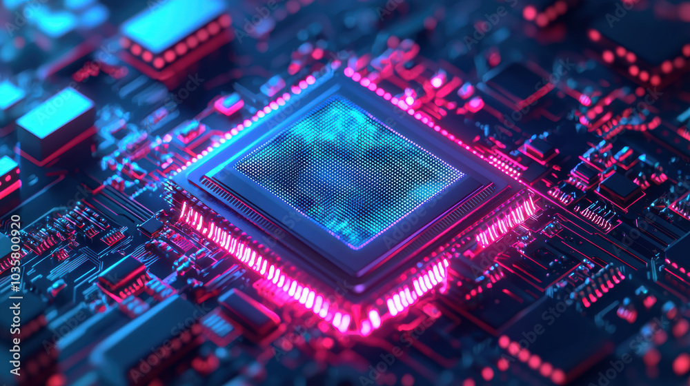 High tech microchip with glowing circuits and vibrant colors High tech microchip with glowing circuits and vibrant colors