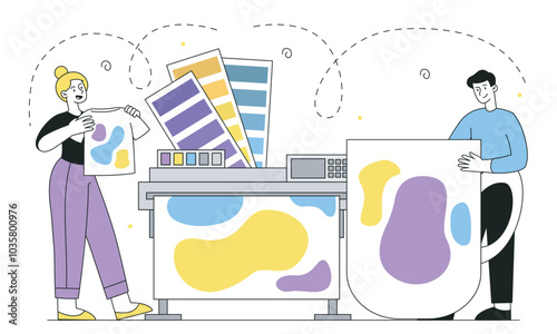 People with merch. Man and woman with printing at cup and tshirts. Fashion, trend and style. Fashion designers. Advertising and Marketing. Linear vector illustration