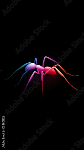  A tight shot of a spider against a black backdrop, bearing another red and blue spider on its dorsum photo