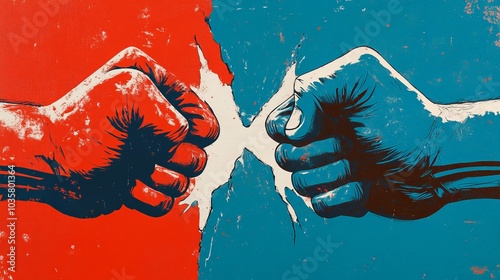Dynamic Clash of Red and Blue Fists, Retro Comic Style Symbolizing Conflict, Competition, or Rivalry, Power Struggle, Fight Concept, Generated AI
