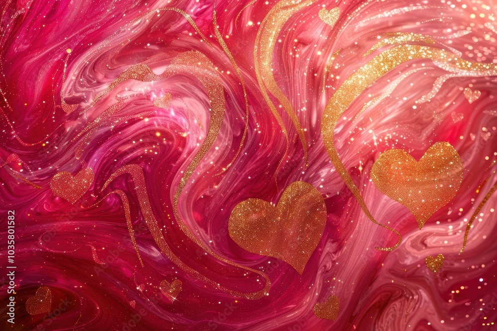 Obraz premium Vibrant Valentine's Day Abstract with Swirling Pink and Red Hearts, Golden Glitter and Sparkles