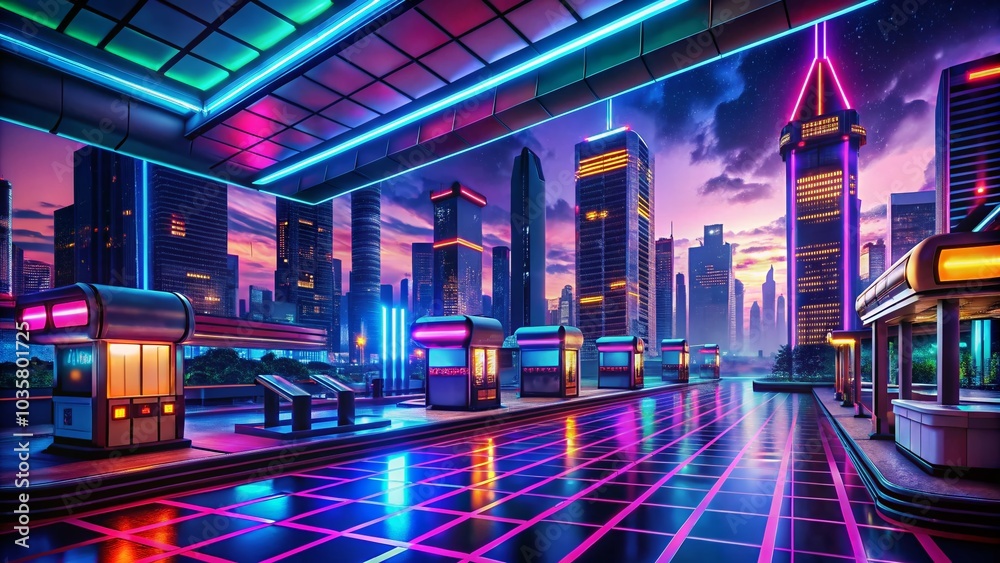 Retro Arcade in Neon City with Futuristic Architecture and Grid Sky Animation Retro Arcade in Neon City with Futuristic Architecture and Grid Sky Animation