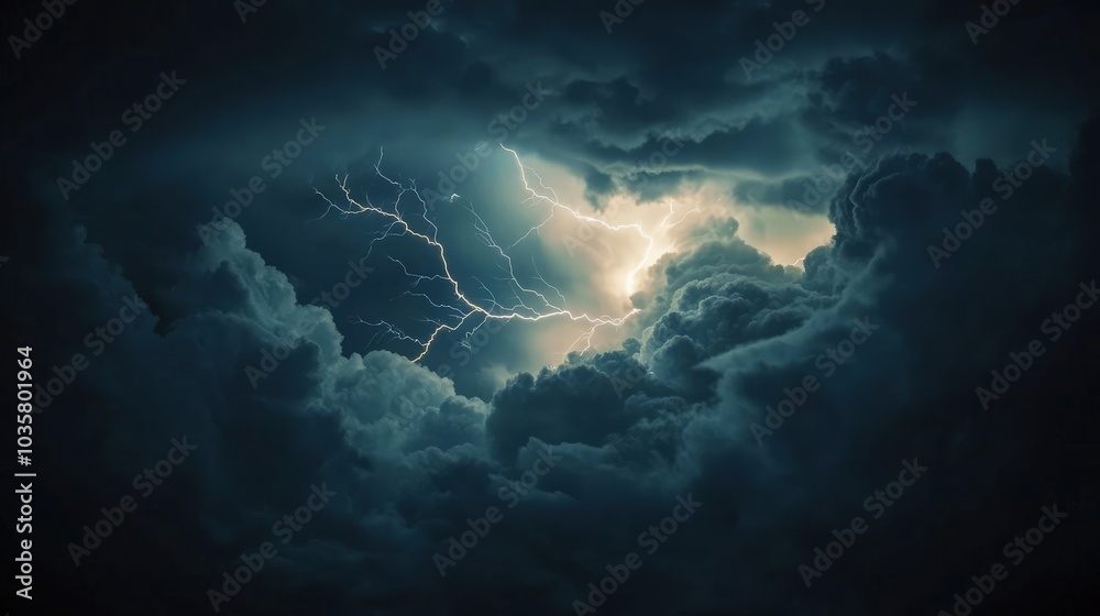 Lightning in dark clouds. Bright lightning in storm clouds in the dark night sky.