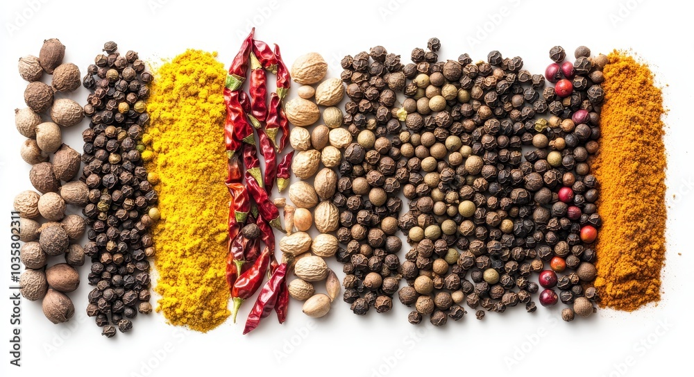 A photograph of various spices arranged in rows, from light to dark colors on the right side of an isolated white background. A photograph of various spices arranged in rows, from light to dark colors on the right side of an isolated white background.