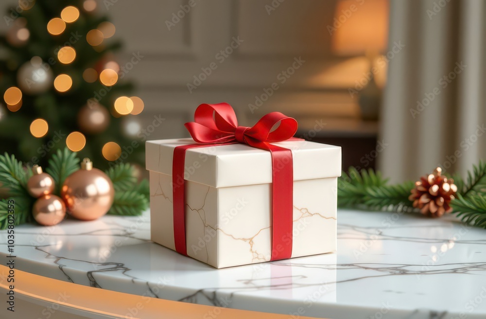 A luxurious marble-effect gift wrapped with a red ribbon, surrounded by festive ornaments, perfect for gift promotions or seasonal advertising A luxurious marble-effect gift wrapped with a red ribbon, surrounded by festive ornaments, perfect for gift promotions or seasonal advertising