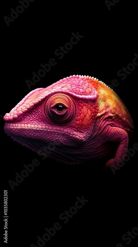  A tight shot of a vibrant chameleon's head against a black backdrop