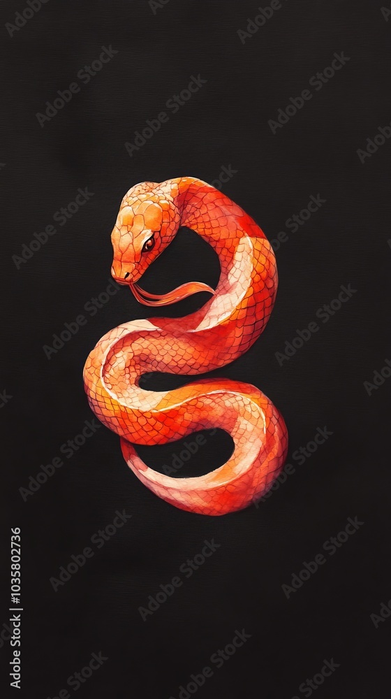 Obraz premium A red and orange snake painting against a black backdrop; reflection of its head in the water