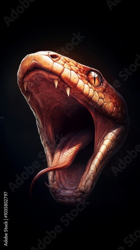  A close-up of a snake's head with its mouth agape