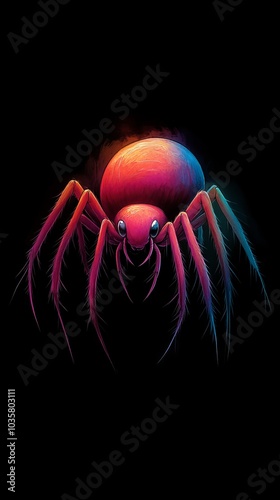  A tight shot of a spider against a black backdrop, featuring an overlaid red and blue silhouette of another spider on its dorsum photo