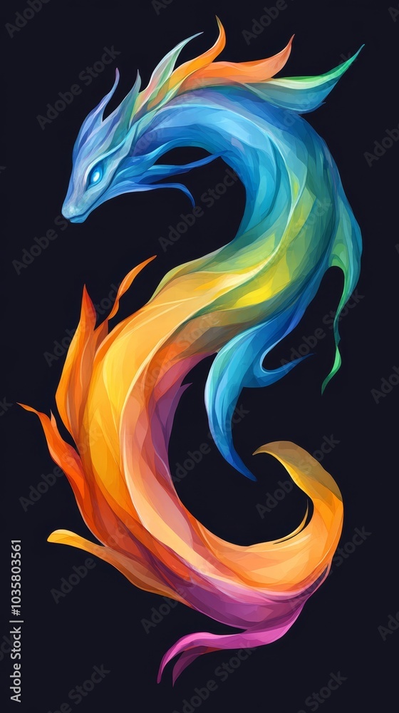 Colorful dragon on black background with an elong Colorful dragon on black background with an elong