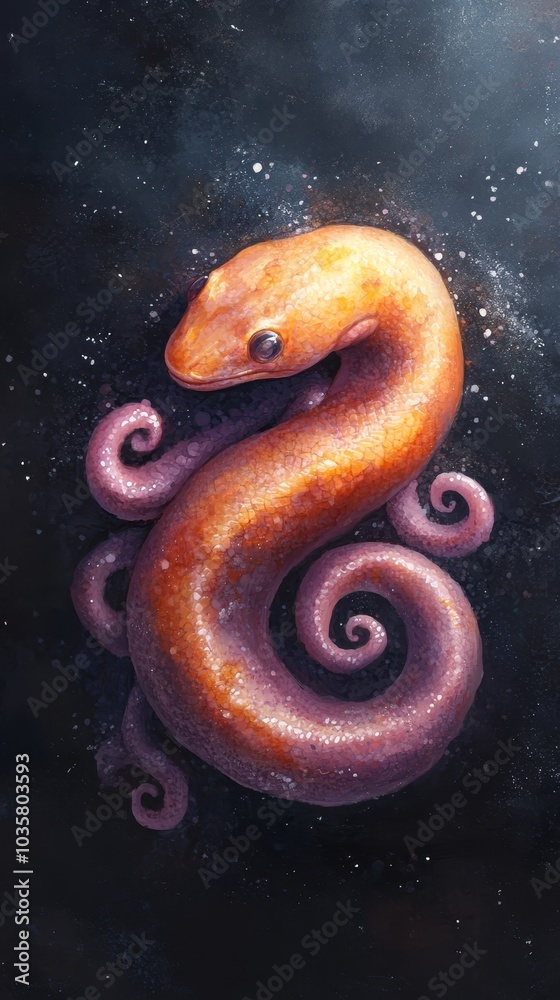 A painting of a yellow and purple snake against a black background In the background, a star-filled sky A painting of a yellow and purple snake against a black background In the background, a star-filled sky