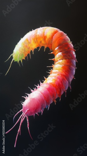  A tight shot of a caterpillar against a black backdrop, bearing a green and yellow shell on its dorsum photo