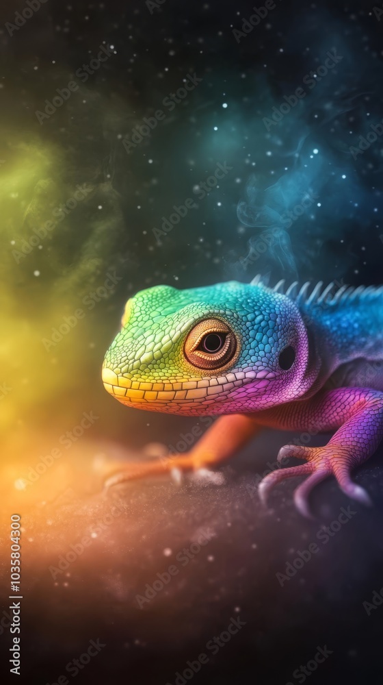 A tight shot of a vivid lizard against a dark backdrop, surrounded by a star-studded night sky, with individual twinkling stars in view A tight shot of a vivid lizard against a dark backdrop, surrounded by a star-studded night sky, with individual twinkling stars in view