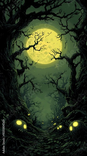 Eerie forest path under a glowing full moon with spooky, glowing eyes in the dark.