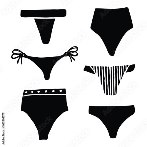 Woman panties icon set. Various underwear bottoms. Black doodle stylized shapes. Fashion brand clip art.