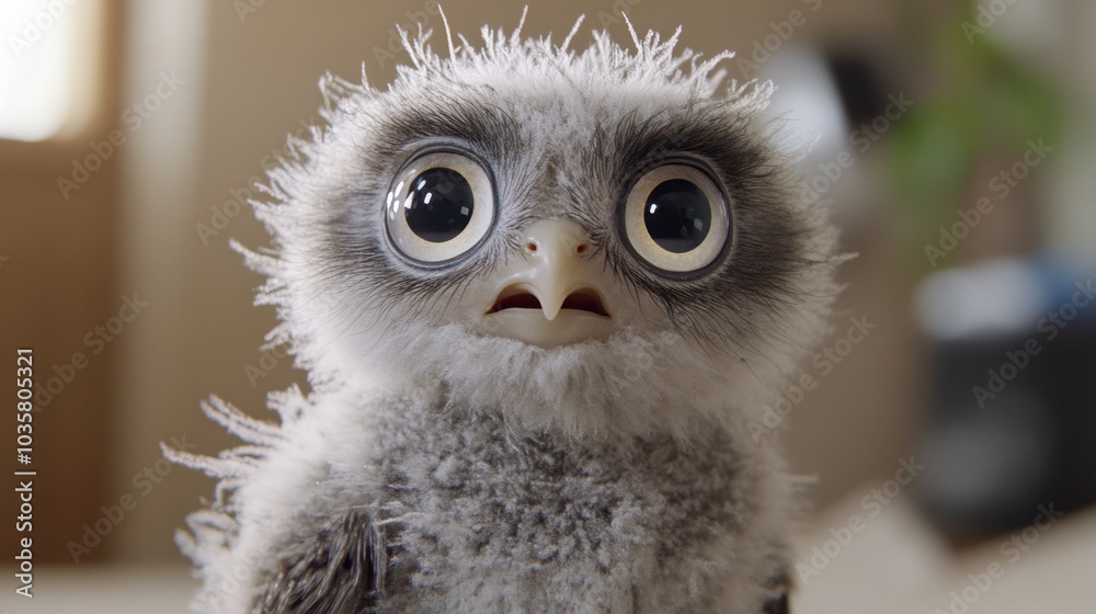 Obraz premium Adorable baby owl with wide eyes and soft, fluffy white feathers, gazing curiously at the camera