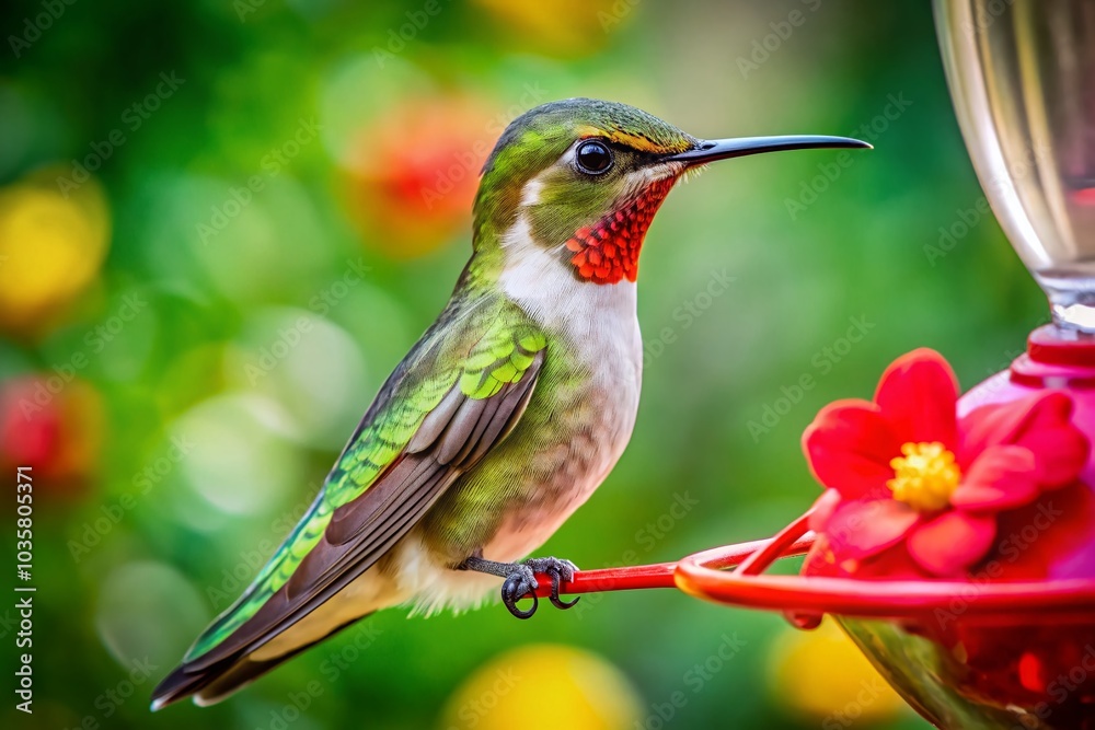 Fototapeta premium Ruby-Throated Hummingbird at Feeder - Captivating Architectural Photography of Nature's Beauty
