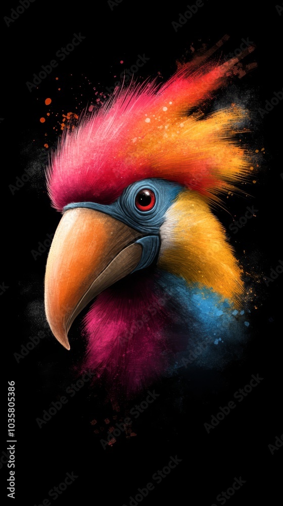 Fototapeta premium A vibrant bird against a black backdrop, sporting a red, yellow, blue, and orange feathered crest