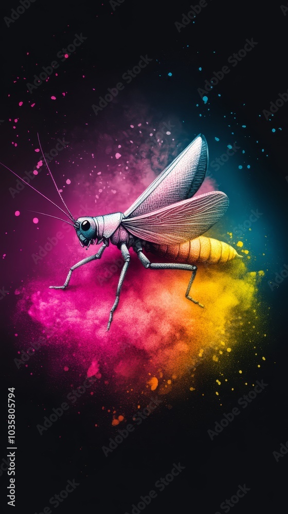 A tight shot of a bug against a black backdrop, its body framed by a multi-colored substance in the image's center A tight shot of a bug against a black backdrop, its body framed by a multi-colored substance in the image's center