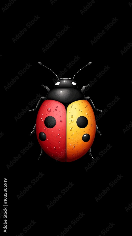 Fototapeta premium Two ladybugs resting side by side on a dark surface, dotted with water droplets