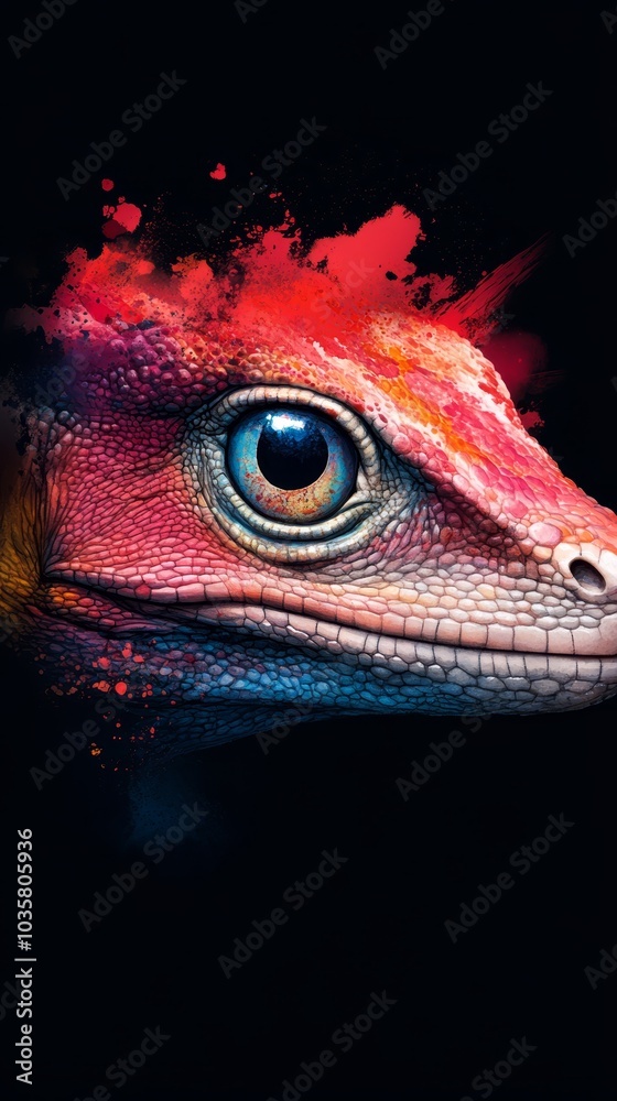Close-up of a lizard's face with red and blue substance, against black backdrop Close-up of a lizard's face with red and blue substance, against black backdrop