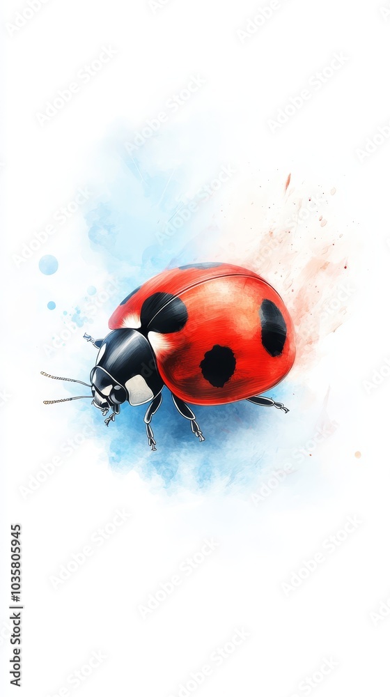 Fototapeta premium A red and black ladybug sits atop a blue and white watercolor sheet
