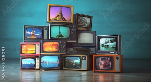 Stacks of old vintage televisions display various nature scenes, representing the evolution and history of television technology over time.