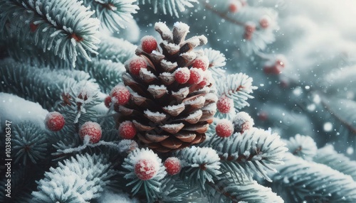 Photorealistic close-up of a snow-dusted pinecone, red berries nestled among frosty pine branches, with soft snow falling in the blurred background