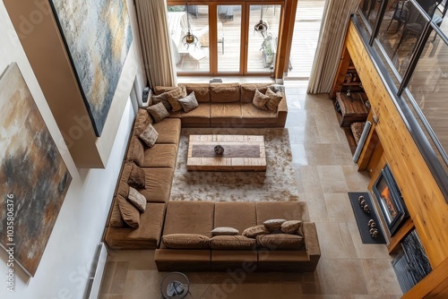 The top view of the spacious living room in the Nordic style, the brown sofa and log furniture, with the Nordic tone decoration and abstract paintings, appear fashion and modern.