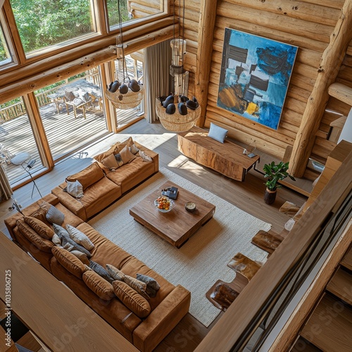 The top view of the spacious living room in the Nordic style, the brown sofa and log furniture, with the Nordic tone decoration and abstract paintings, appear fashion and modern.