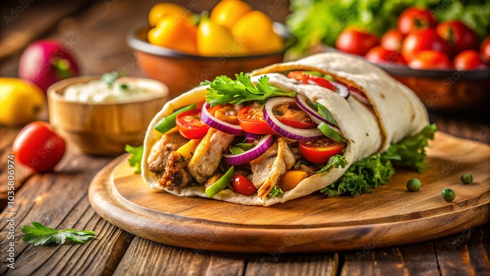Savory Grilled Chicken Shawarma Roll with Bokeh Effect for Food Photography Savory Grilled Chicken Shawarma Roll with Bokeh Effect for Food Photography