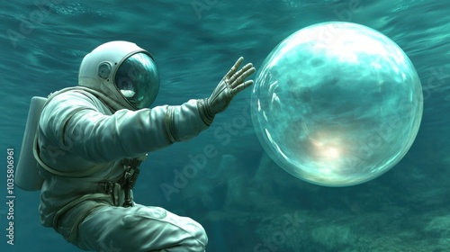 Astronaut explores an underwater world, reaching out to a mysterious glowing orb, AI