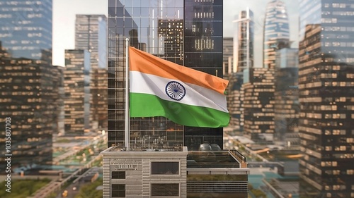 A tall building features the Indian flag at its summit, showcasing national identity and architectural prominence photo