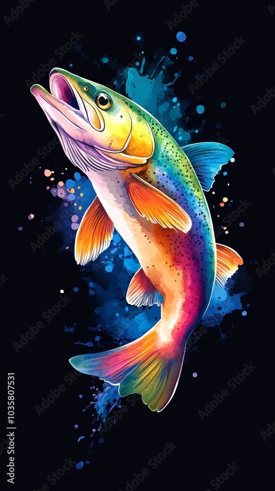 Fototapeta premium A rainbow-hued fish with watercolor splashes covering its body; head lifted high