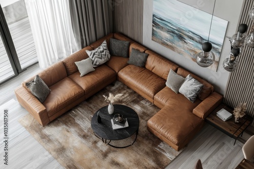 The top view of the spacious living room in the Nordic style, the brown sofa and log furniture, with the Nordic tone decoration and abstract paintings, appear fashion and modern.